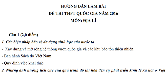 Đáp án môn Địa lý thi tốt nghiệp THPT 2016