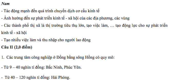 Đáp án môn Địa lý thi tốt nghiệp THPT 2016