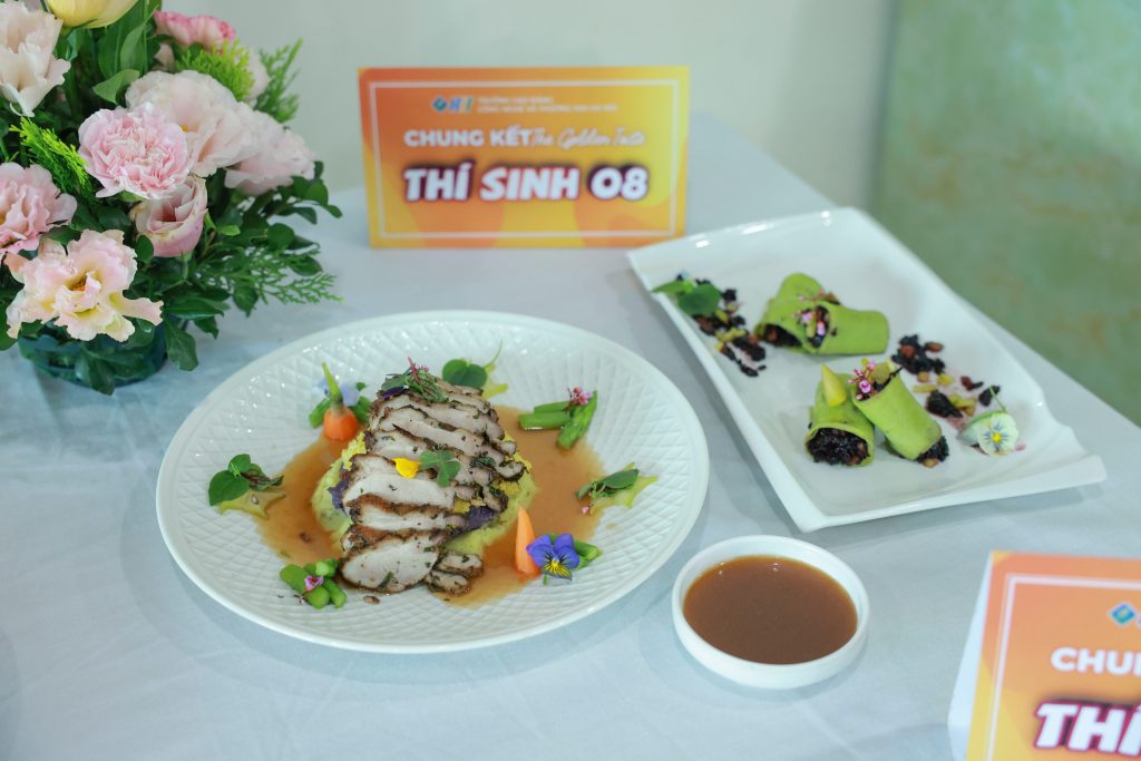 "Ức vịt sốt thảo mộc Tây Bắc” và “Bánh crepe lá dứa nhân mận cơm nếp cẩm" trong cuộc thi the golden taste của HTT